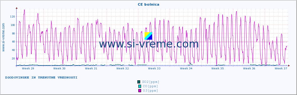 POVPREČJE :: CE bolnica :: SO2 | CO | O3 | NO2 :: zadnja dva meseca / 2 uri.