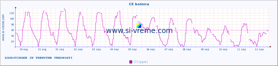 POVPREČJE :: CE bolnica :: SO2 | CO | O3 | NO2 :: zadnja dva tedna / 30 minut.