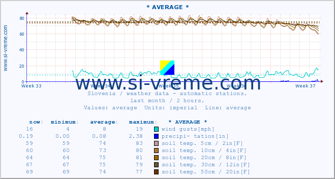  :: * AVERAGE * :: air temp. | humi- dity | wind dir. | wind speed | wind gusts | air pressure | precipi- tation | sun strength | soil temp. 5cm / 2in | soil temp. 10cm / 4in | soil temp. 20cm / 8in | soil temp. 30cm / 12in | soil temp. 50cm / 20in :: last month / 2 hours.