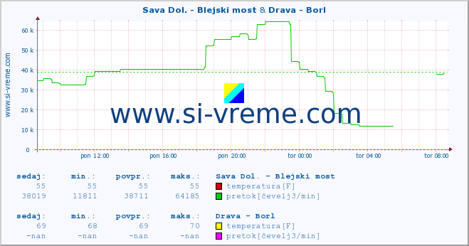 POVPREČJE :: Sava Dol. - Blejski most & Drava - Borl :: temperatura | pretok | višina :: zadnji dan / 5 minut.