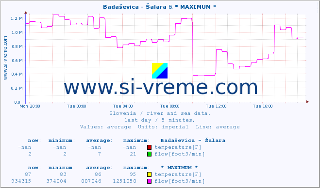 :: Badaševica - Šalara & * MAXIMUM * :: temperature | flow | height :: last day / 5 minutes.