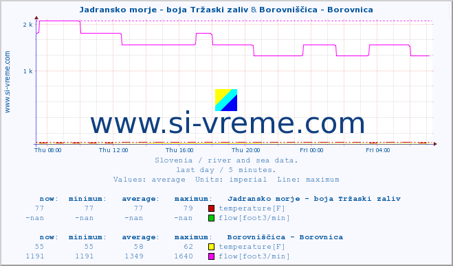  :: Jadransko morje - boja Tržaski zaliv & Borovniščica - Borovnica :: temperature | flow | height :: last day / 5 minutes.