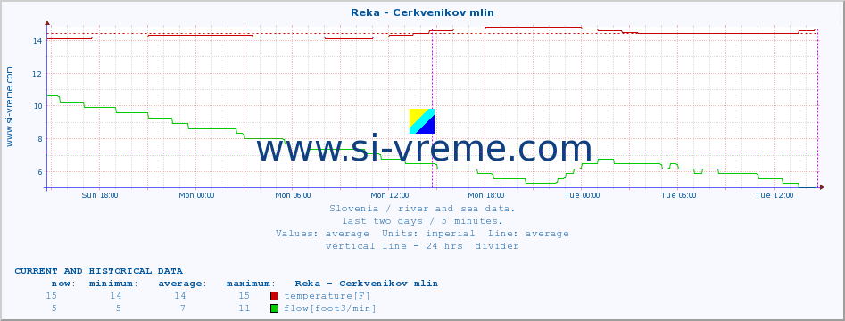  :: Reka - Cerkvenikov mlin :: temperature | flow | height :: last two days / 5 minutes.