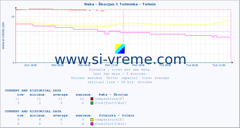  :: Reka - Škocjan & Tolminka - Tolmin :: temperature | flow | height :: last two days / 5 minutes.