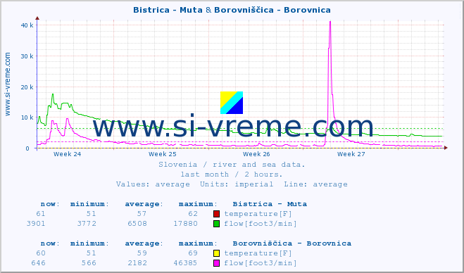  :: Bistrica - Muta & Borovniščica - Borovnica :: temperature | flow | height :: last month / 2 hours.