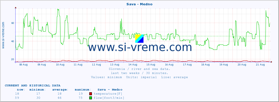  :: Sava - Medno :: temperature | flow | height :: last two weeks / 30 minutes.