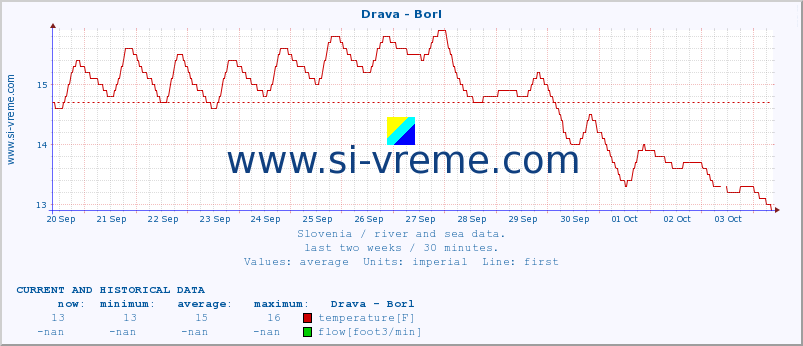  :: Drava - Borl :: temperature | flow | height :: last two weeks / 30 minutes.