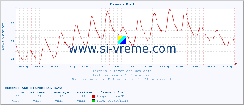  :: Drava - Borl :: temperature | flow | height :: last two weeks / 30 minutes.