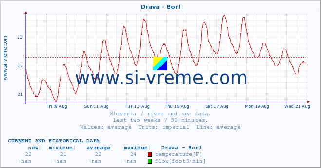  :: Drava - Borl :: temperature | flow | height :: last two weeks / 30 minutes.