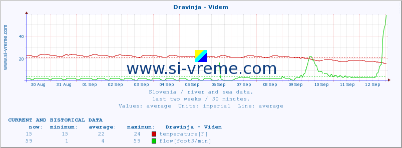  :: Dravinja - Videm :: temperature | flow | height :: last two weeks / 30 minutes.