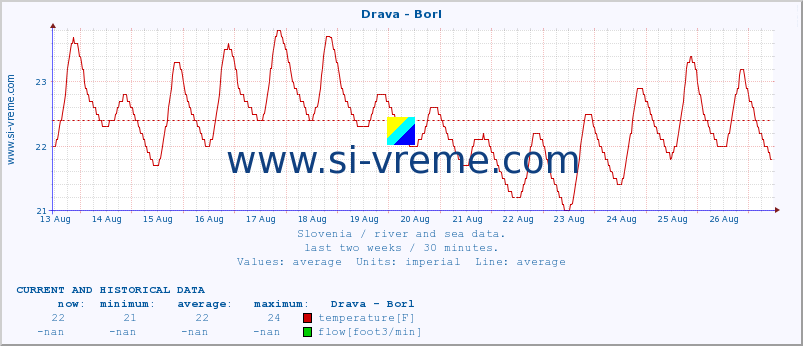  :: Drava - Borl :: temperature | flow | height :: last two weeks / 30 minutes.