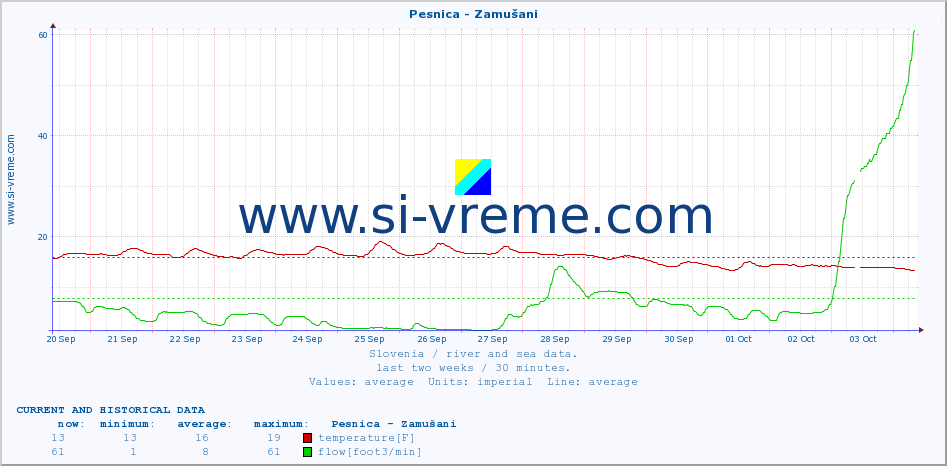  :: Pesnica - Zamušani :: temperature | flow | height :: last two weeks / 30 minutes.