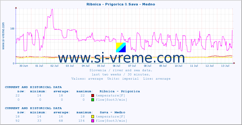  :: Ribnica - Prigorica & Sava - Medno :: temperature | flow | height :: last two weeks / 30 minutes.