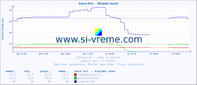 POVPREČJE :: Sava Dol. - Blejski most :: temperatura | pretok | višina :: zadnji dan / 5 minut.