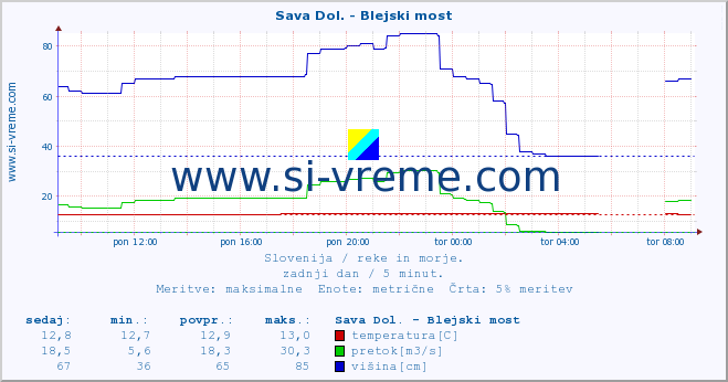 POVPREČJE :: Sava Dol. - Blejski most :: temperatura | pretok | višina :: zadnji dan / 5 minut.