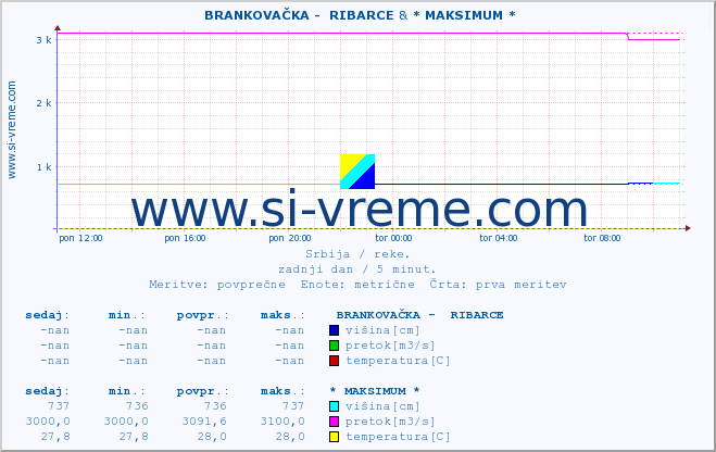 POVPREČJE ::  BRANKOVAČKA -  RIBARCE & * MAKSIMUM * :: višina | pretok | temperatura :: zadnji dan / 5 minut.