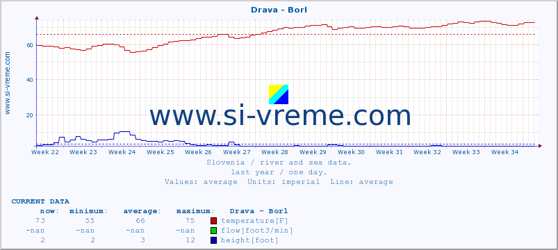  :: Drava - Borl :: temperature | flow | height :: last year / one day.