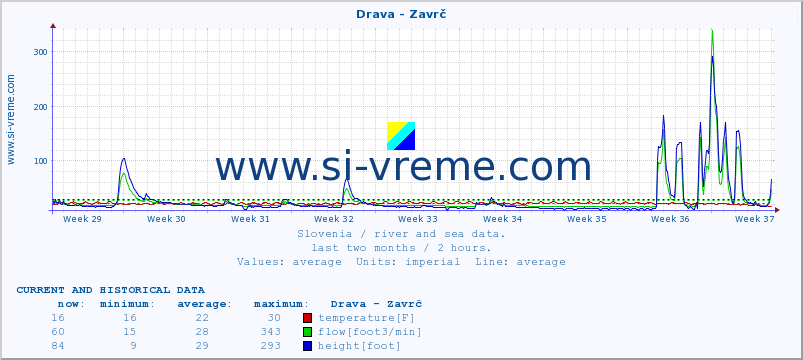  :: Drava - Zavrč :: temperature | flow | height :: last two months / 2 hours.