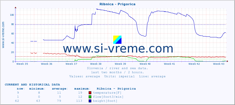  :: Ribnica - Prigorica :: temperature | flow | height :: last two months / 2 hours.