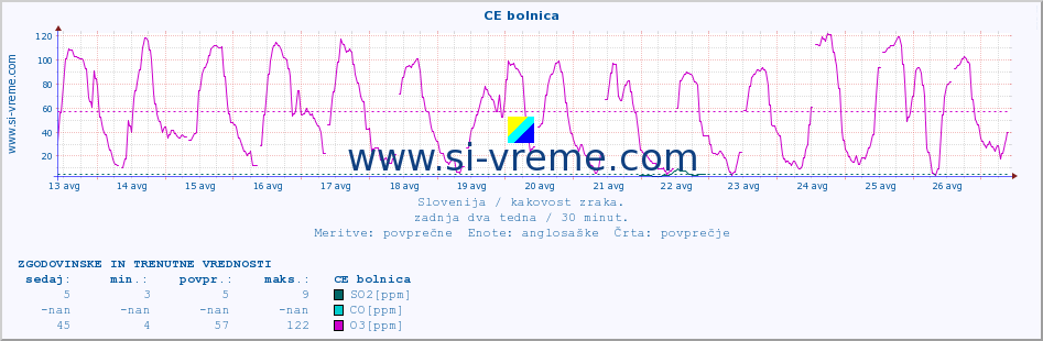 POVPREČJE :: CE bolnica :: SO2 | CO | O3 | NO2 :: zadnja dva tedna / 30 minut.